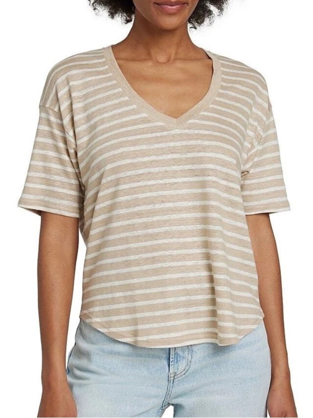 ·Faherty· Tan Striped Linen V-Neck Short Sleeve Tee Shirt Size Small